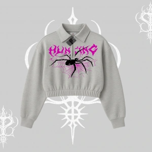 Beyaz Crop Yarım Fermuarlı Sweatshirt Autumn Spider