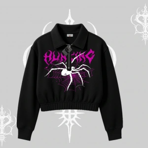 Beyaz Crop Yarım Fermuarlı Sweatshirt Autumn Spider