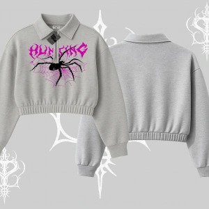 Beyaz Crop Yarım Fermuarlı Sweatshirt Autumn Spider
