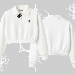 Beyaz Crop Yarım Fermuarlı Sweatshirt Özel logolu