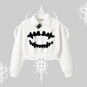 Beyaz Crop Yarım Fermuarlı Sweatshirt Vampir Dış