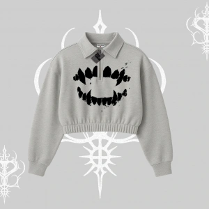 Beyaz Crop Yarım Fermuarlı Sweatshirt Vampir Dış