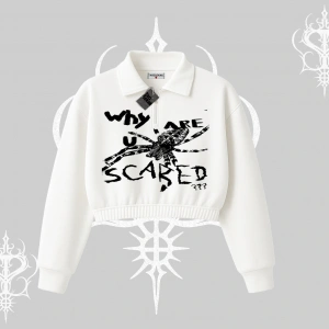 Beyaz Crop Yarım Fermuarlı Sweatshirt Why are u Scared