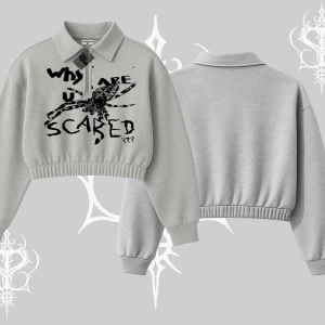 Beyaz Crop Yarım Fermuarlı Sweatshirt Why are u Scared