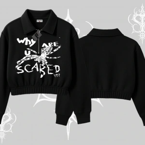 Beyaz Crop Yarım Fermuarlı Sweatshirt Why are u Scared