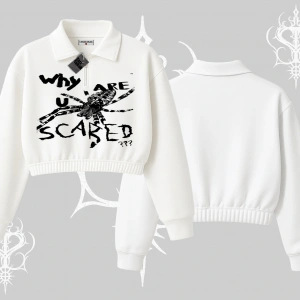 Beyaz Crop Yarım Fermuarlı Sweatshirt Why are u Scared
