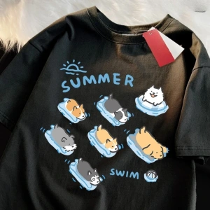 Beyaz Eğlenceli Kedi ve Köpek Yüzme Japon Tarzı ol ler Yaz Üstleri