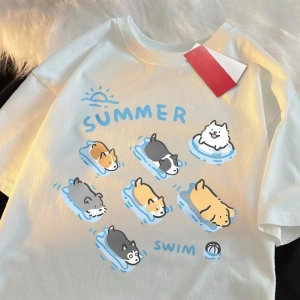 Beyaz Eğlenceli Kedi ve Köpek Yüzme Japon Tarzı ol ler Yaz Üstleri