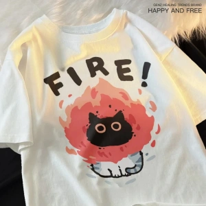 Beyaz Eğlenceli ve Sevimli Kedi ve Köpek Desen Gevşek Tshirt Vintage Üst FemaleT-Shir