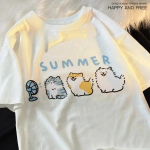 Beyaz Eğlenceli ve Sevimli Kedi ve Köpek Desen Gevşek Tshirt Vintage Üst FemaleT-Shir