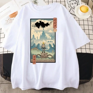 Beyaz Erkek Anime Savaççı Baskılı Oversize Bisiklet Yaka Tshirt