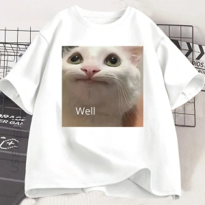 Beyaz Funny Cat Meme Graphic Tee for Cat Lovers Cute Humor Loose Short Sleeve Tee C