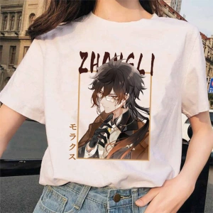 Beyaz Genshin Darbe Zhong Li Morax Tees Kısa Sleeve100 Yaz Karikatür Streetweed