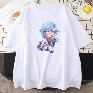Beyaz Genshin Etki Kamisato Ayato ve Ayakas Anime Baskı Tees ilkbahar Ya
