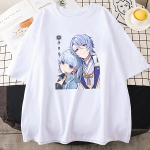 Beyaz Genshin Etki Kamisato Ayato ve Ayakas Anime Baskı Tees ilkbahar Ya