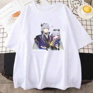Beyaz Genshin Etki Kamisato Ayato ve Ayakas Anime Baskı Tees ilkbahar Ya