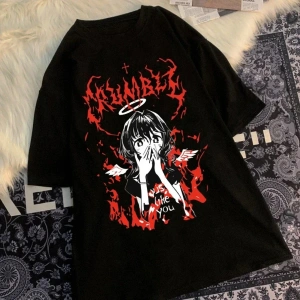 Beyaz Harajuku Gotik Punk Karikatür Yuvarlak Boyun Yaz Ulzzang Hip-Hop Gev