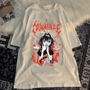 Beyaz Harajuku Gotik Punk Karikatür Yuvarlak Boyun Yaz Ulzzang Hip-Hop Gev