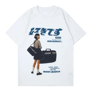 Beyaz Harajuku Japon Kanji Baskı TShirt Yaz Tees Tops Hip Hop str