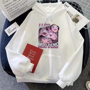Beyaz Hoodies I Love Moo Deng Deng Kawaii Moletom Feminino kari