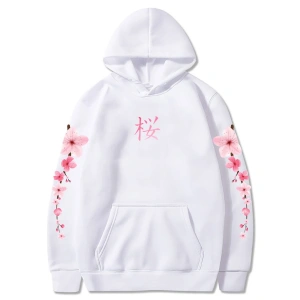 Beyaz Japon Çiçeği Sakura Grafik Hoodiesahat Rahat KarikatürK