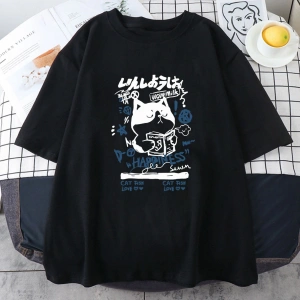 Beyaz Japon Kanji Kedi luKawaii Grafik Baskı Tees