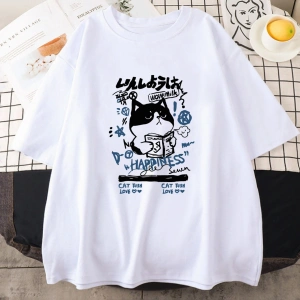 Beyaz Japon Kanji Kedi luKawaii Grafik Baskı Tees