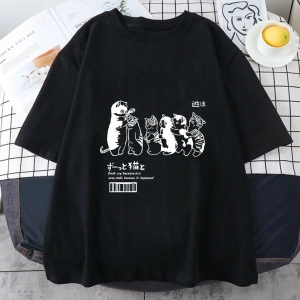 Beyaz Japon Kanji Kedi T Üstleri Yaz Çiftler Ge