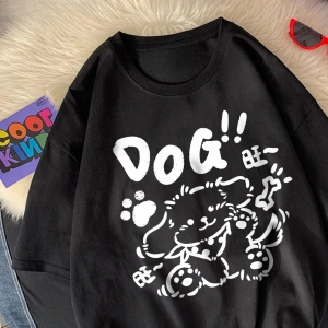 Beyaz Karikatür Baskılar Gevşek O-Boyun Yumuşak Yaz