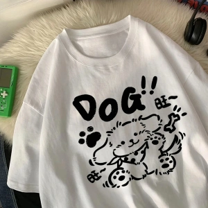 Beyaz Karikatür Baskılar Gevşek O-Boyun Yumuşak Yaz