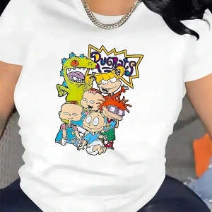 Beyaz Karikatür Grafikli Rugrats Karakterleri Baskı Günlük Bisiklet Yaka Polyester Karışımı S