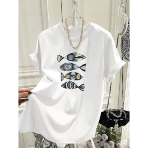 Beyaz Karikatür Hayvan Baskı Yaz Gevşek O-Boyun Tees Tüm