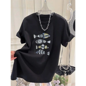 Beyaz Karikatür Hayvan Baskı Yaz Gevşek O-Boyun Tees Tüm