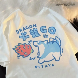 Beyaz Karikatür Sevimli Kedi ve Köpek Desen Eğlenceli Tshirt bol Tees Sokak Serin Kısa