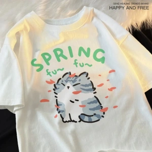 Beyaz Karikatür Sevimli Kedi ve Köpek Desen Eğlenceli Tshirt bol Tees Sokak Serin Kısa