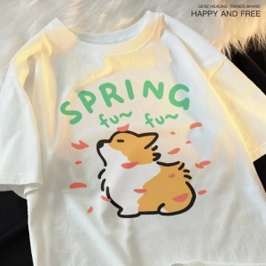 Beyaz Karikatür Sevimli Kedi ve Köpek Desen Eğlenceli Tshirt bol Tees Sokak Serin Kısa