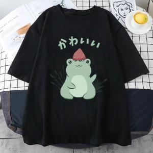 Beyaz Kawaii çilek kurbağa lu yaz karikatür hayvan üstleri ra