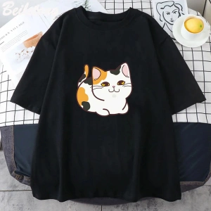 Beyaz Kawaii Patiska Kedi baskılı Estetik Sevimli Karikatür Grafik