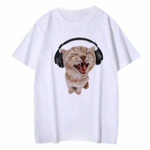 Beyaz Kawaii Yavru Kulaklıklar Baskı Tkırmızılar Tee