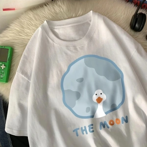 Beyaz Kazın arkası ay karikatür baskılar gevşek o-boyun yumuşak üs