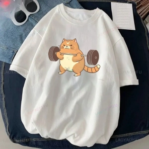 Beyaz Kedi Halter baskılı Çalışma Komik Spor Salonu Tasarım Etiket Grafik li T