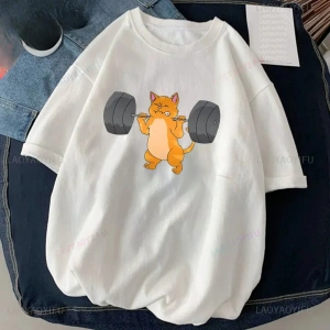 Beyaz Kedi Halter baskılı Çalışma Komik Spor Salonu Tasarım Etiket Grafik li T