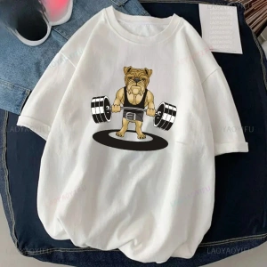 Beyaz Kedi Halter baskılı Çalışma Komik Spor Salonu Tasarım Etiket Grafik li T