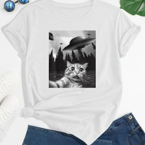 Beyaz Kedi ve UFO Baskılı Bisiklet Yaka , İlkbahar ve Yaz İçin Günlük , Kadı