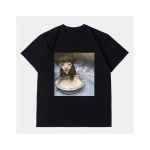 Beyaz Kedi ve UFO Baskılı Bisiklet Yaka , İlkbahar ve Yaz İçin Günlük , Kadı