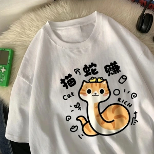 Beyaz Kedi ve Yılan an Karikatür Baskı Yumuşak O-Boyun Yaz Giys