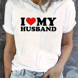 Beyaz kolay bakım kalp kocam baskı Tee seviyorum-şık yaz tarzı için streç ekip boyun üs