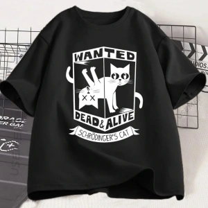 Beyaz Komik Siyah Kedi Gevşek Tshirt Baskılı Yuvarlak Boyun Kedi Sevgilisi