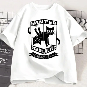 Beyaz Komik Siyah Kedi Gevşek Tshirt Baskılı Yuvarlak Boyun Kedi Sevgilisi