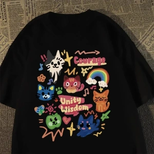 Beyaz Kore Retro Sevimli Kedi ler için Gevşek Yuvarlak Boyun Yaz